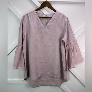 WT Crown Linen Designs 100% Linen V- Neck Bell Sleeve Tunic Top Lilac Size Lrg